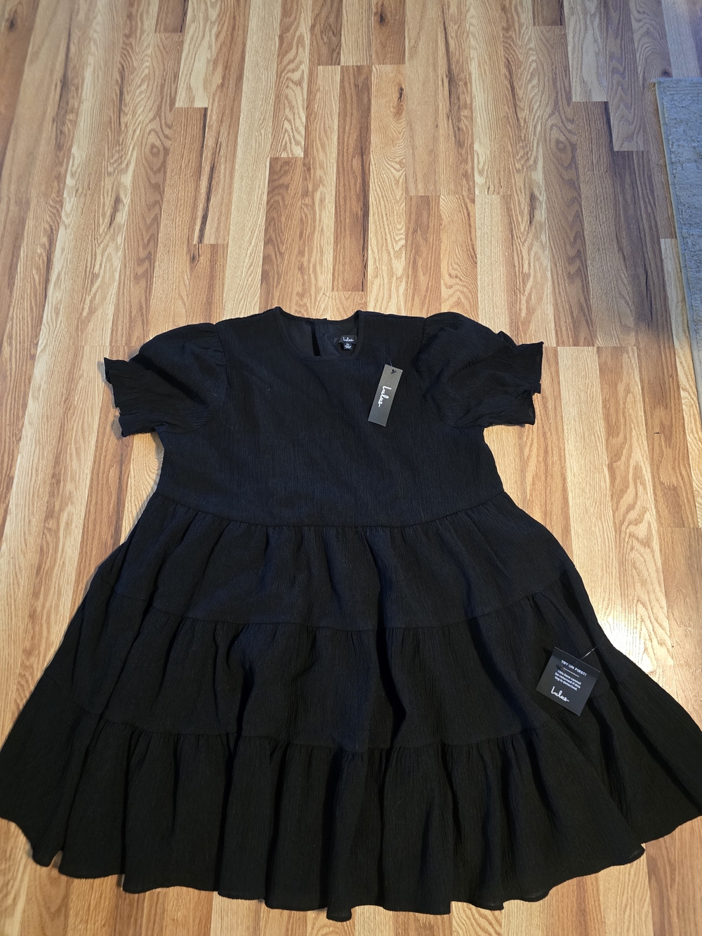 Lulu's Black Tiered Puff Sleeve Kids Dress with Ruffled Hem Size XL